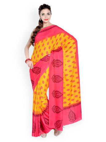 Anvika Yellow & Pink Crepe Impreso sari